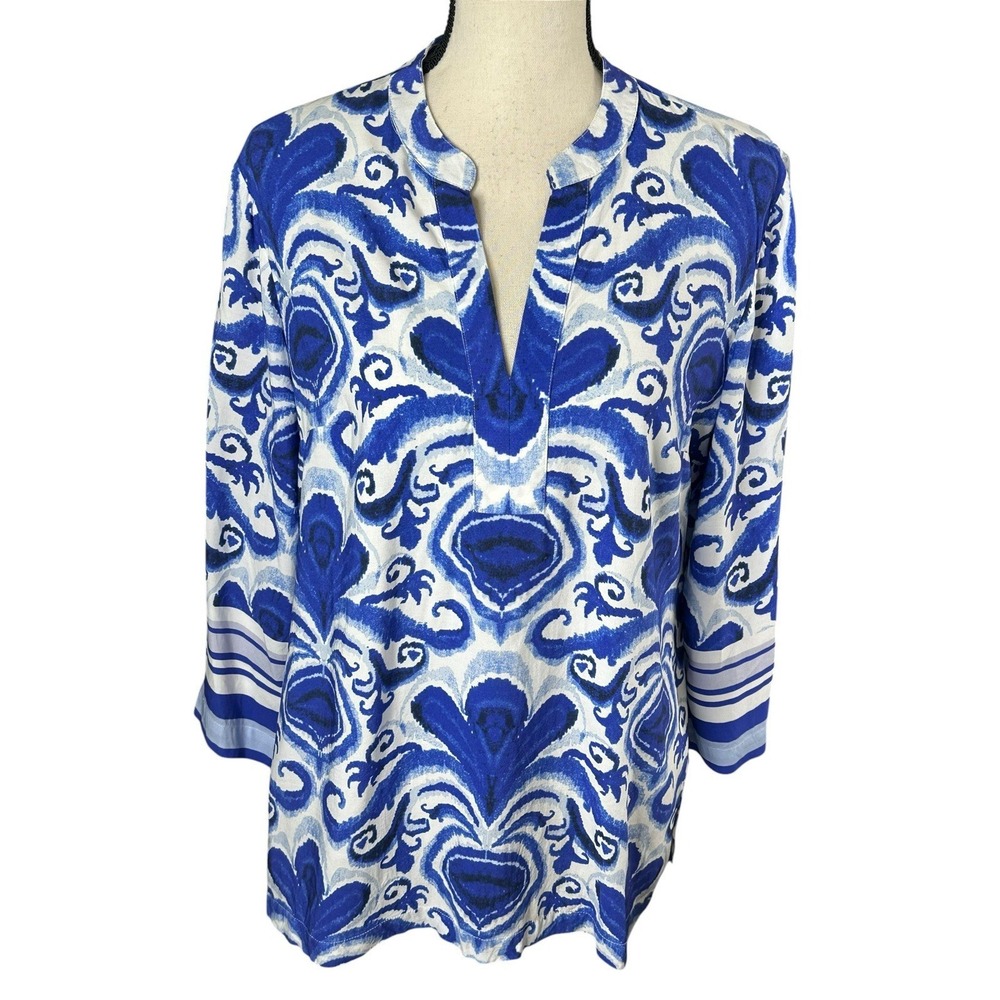 Soft Surroundings White and Blue Print Long Sleeveβ V Neck Tunic Top Women's Med